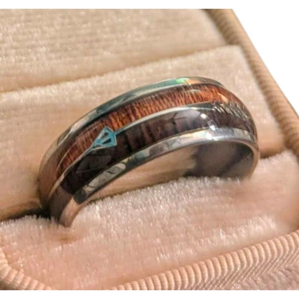8MM Silver Polished 316L Stainless Steel Dual Koa Inlay Ring Size 10, 11, & 12